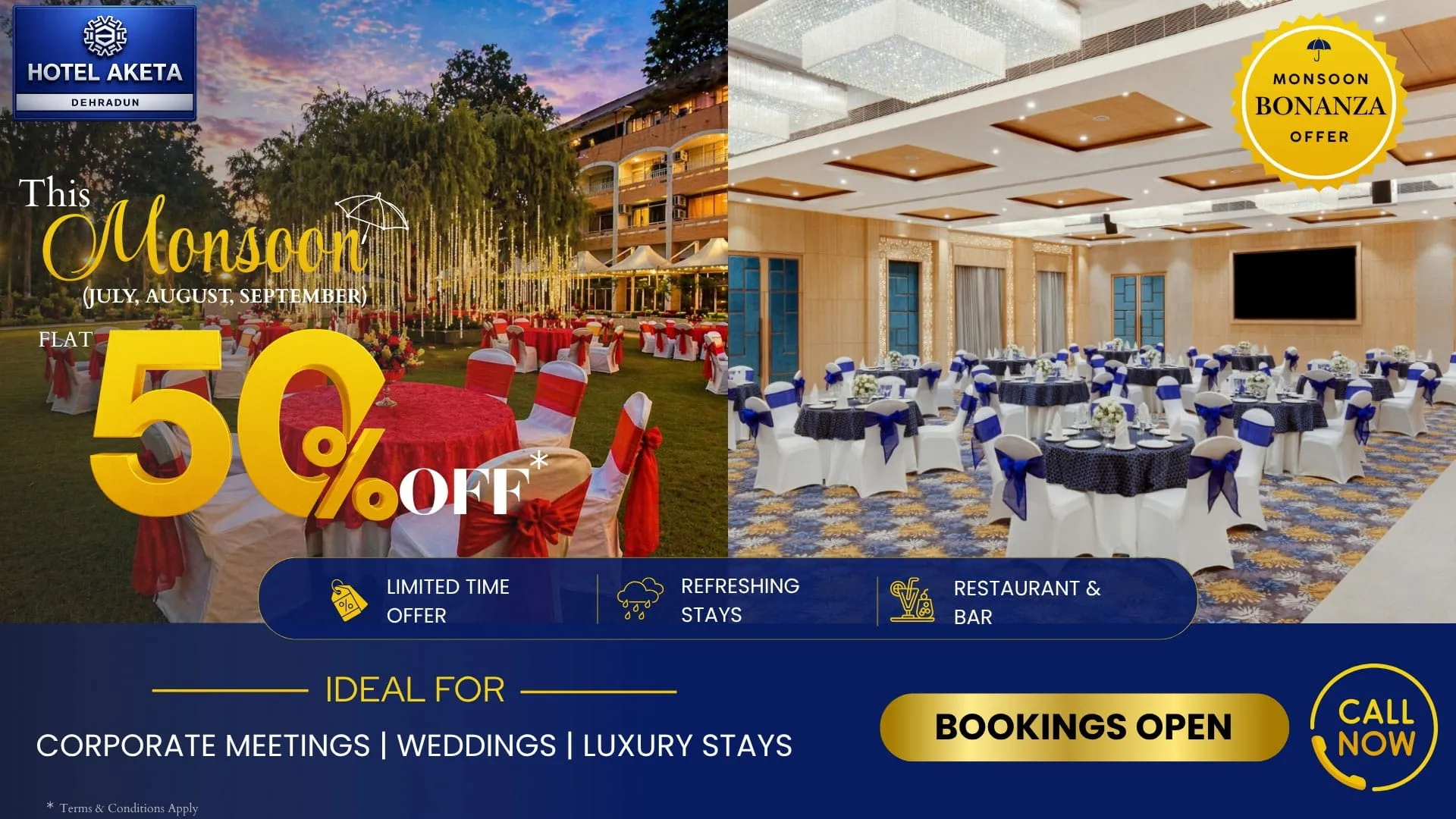 Hotel Aketa Dehradun – 50% off Monsoon Offer on weddings, corporate meetings & luxury stays. Bookings open.